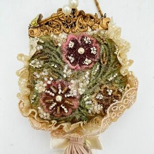 Vintage Embellished Victorian Beaded Purse Ornament Pearl Handle Tassel